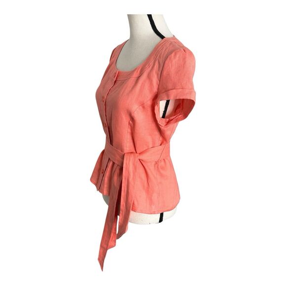 Jones New York Signature 100% Linen Blouse Womens M Pink Salmon Sleeves Pocket - Picture 3 of 13